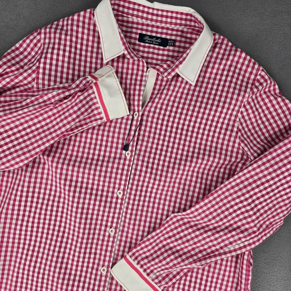 Bariloche Shirt Womens 46 Pink Gingham Button Up Long Sleeve Contrast Cuffs